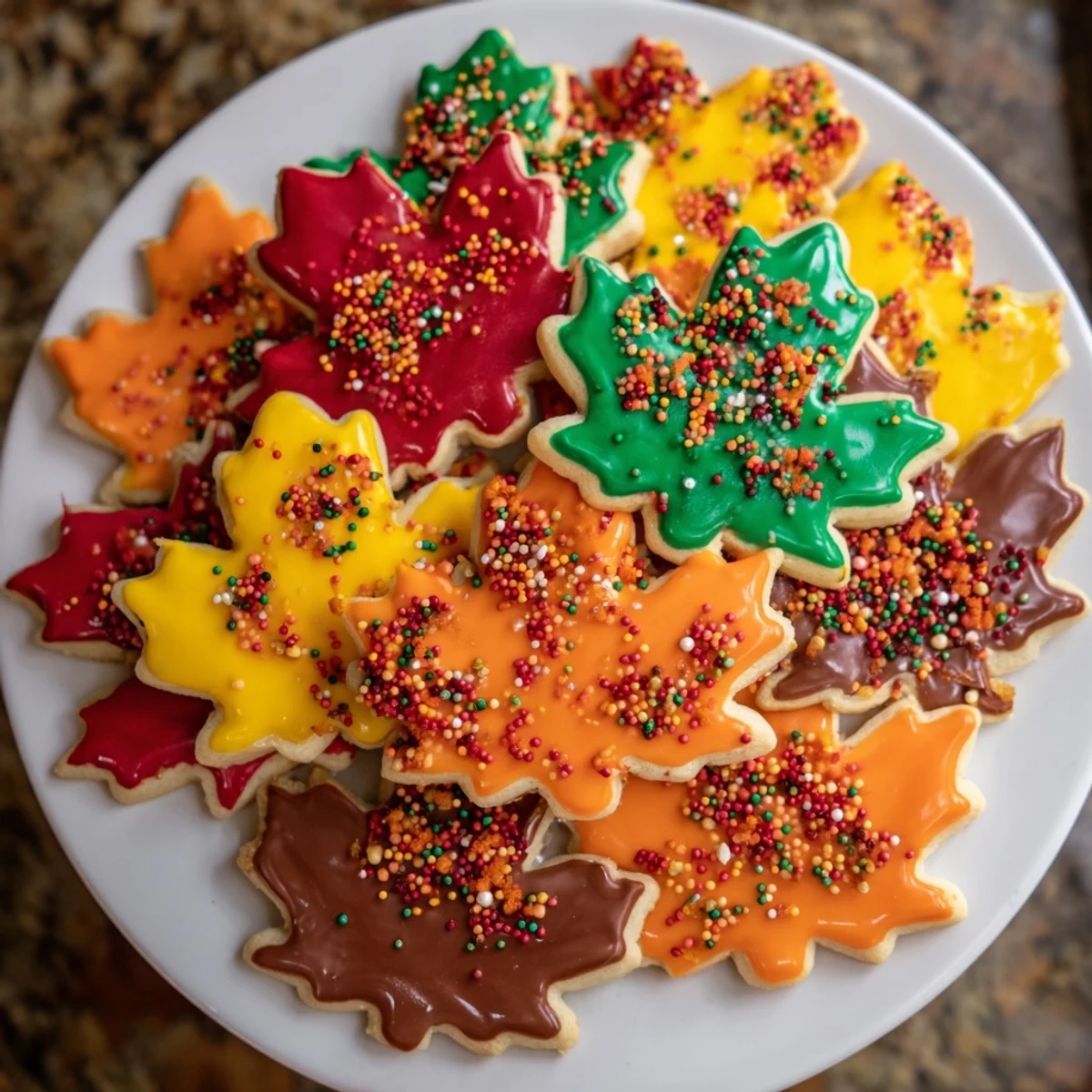 A close-up of beautifully decorated Maple Leaf Cookies, ready for fall celebrations.