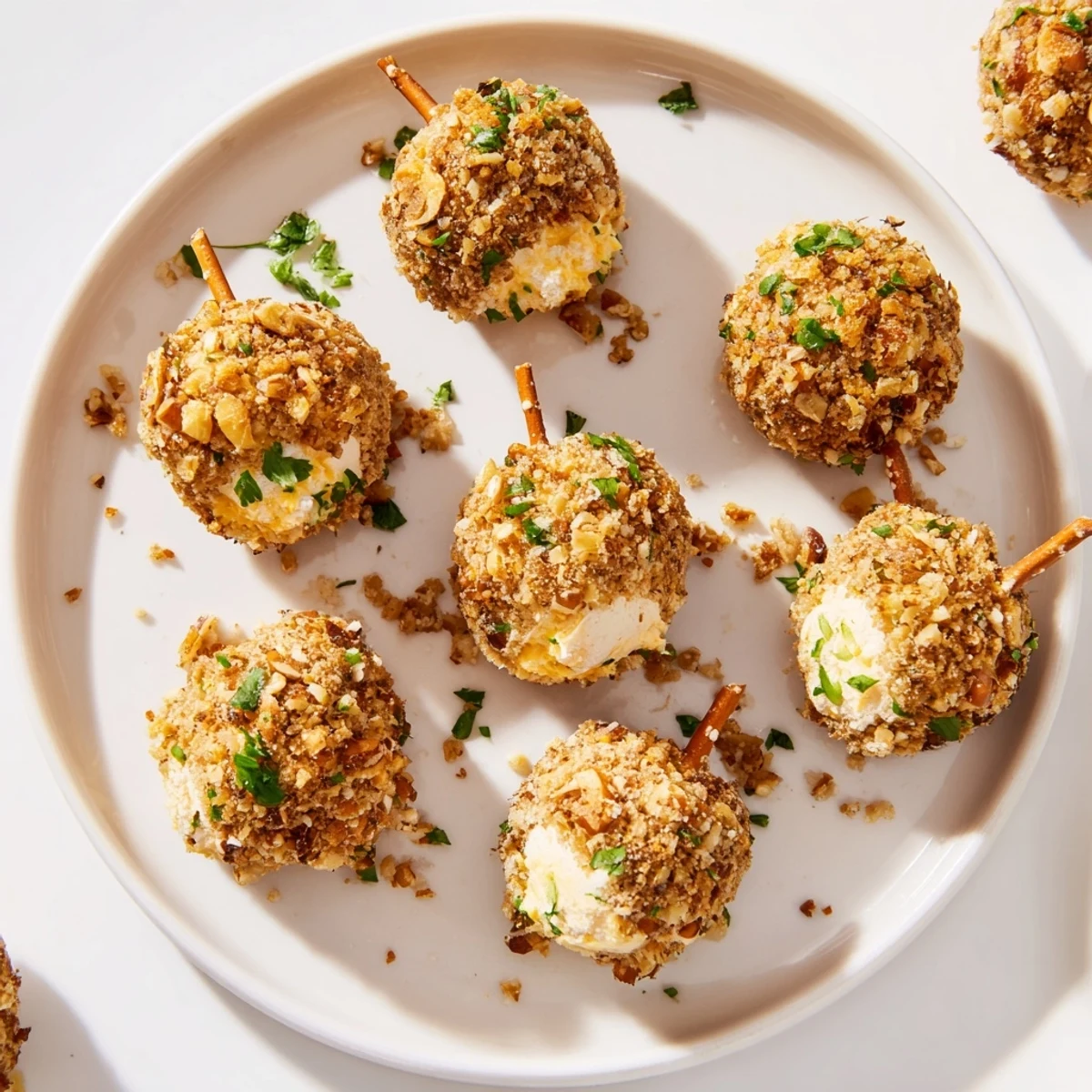 Delicious acorn shaped cheese ball bites, coated in pecans and herbs, ready to be enjoyed.