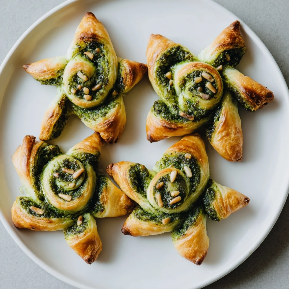 Star-Shaped Pesto Pinwheels: golden, flaky baked pastry with visible basil pesto and parmesan.