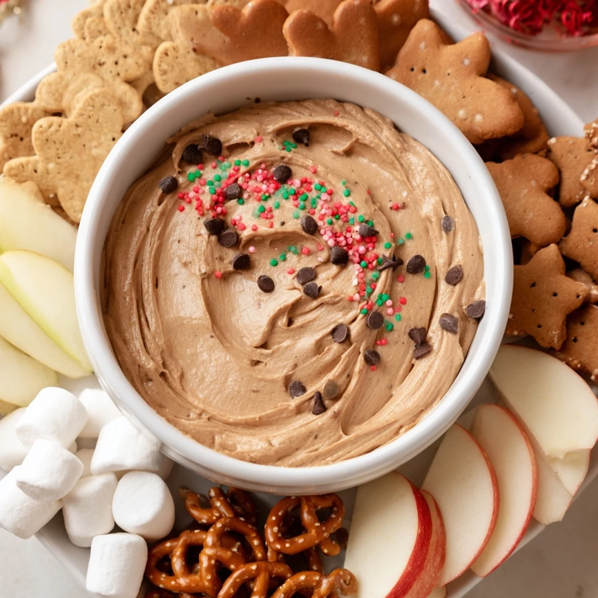 A beautifully arranged Gingerbread House Dip Board with gingerbread cookies and dippables ready.