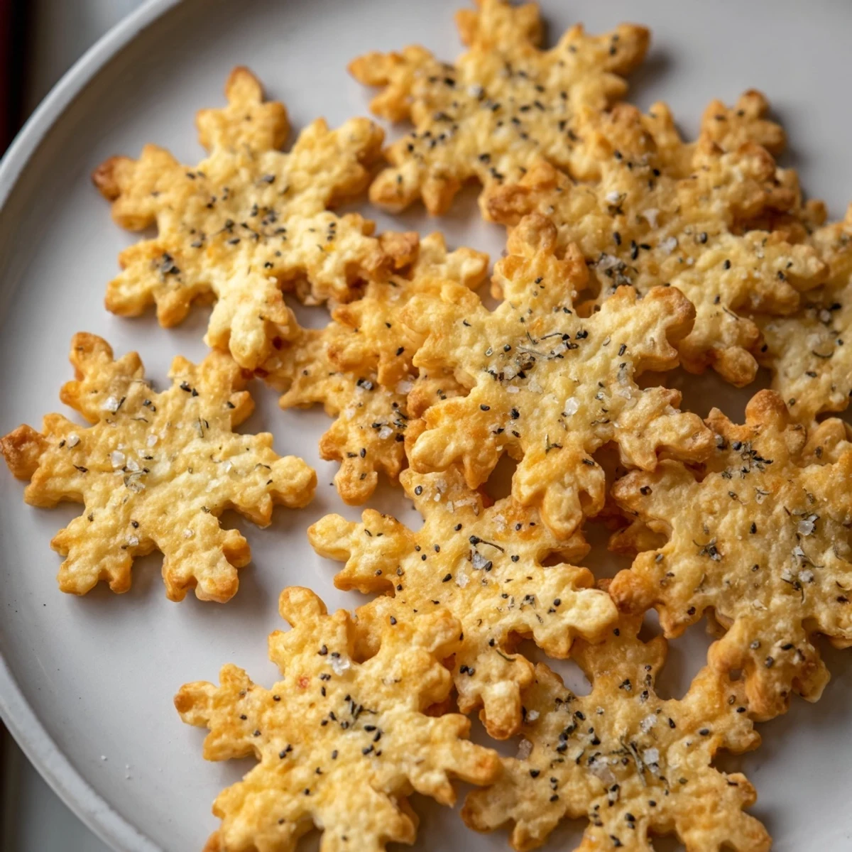 Gourmet Snowflake Crackers, golden and crisp, arranged perfectly on a holiday cheese board, ready to serve.