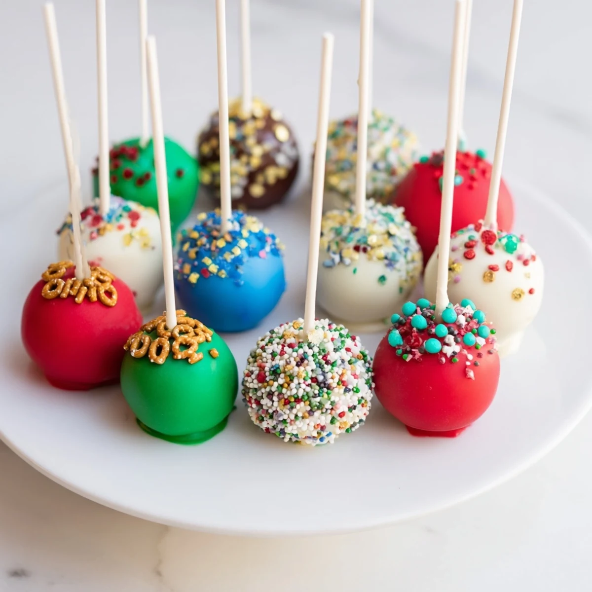Festive Ornament Ball Cake Pops glistening with colorful sprinkles and edible glitter for a party.