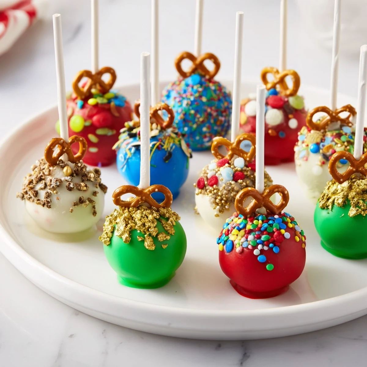 Bright white chocolate coated Ornament Ball Cake Pops with pretzel "hooks" ready to eat.