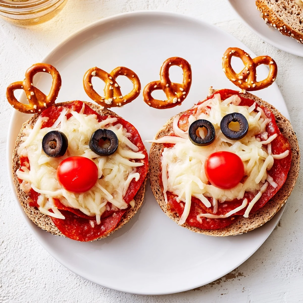 Festive Reindeer Face Pizza Bagels with melted cheese, olive eyes, and pretzel antlers, ready to eat!
