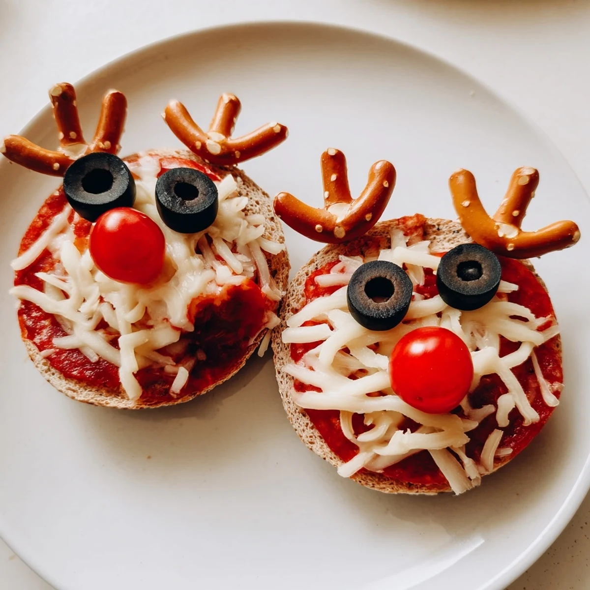 Warm, cheesy Reindeer Face Pizza Bagels, a fun holiday appetizer with a cherry tomato nose.