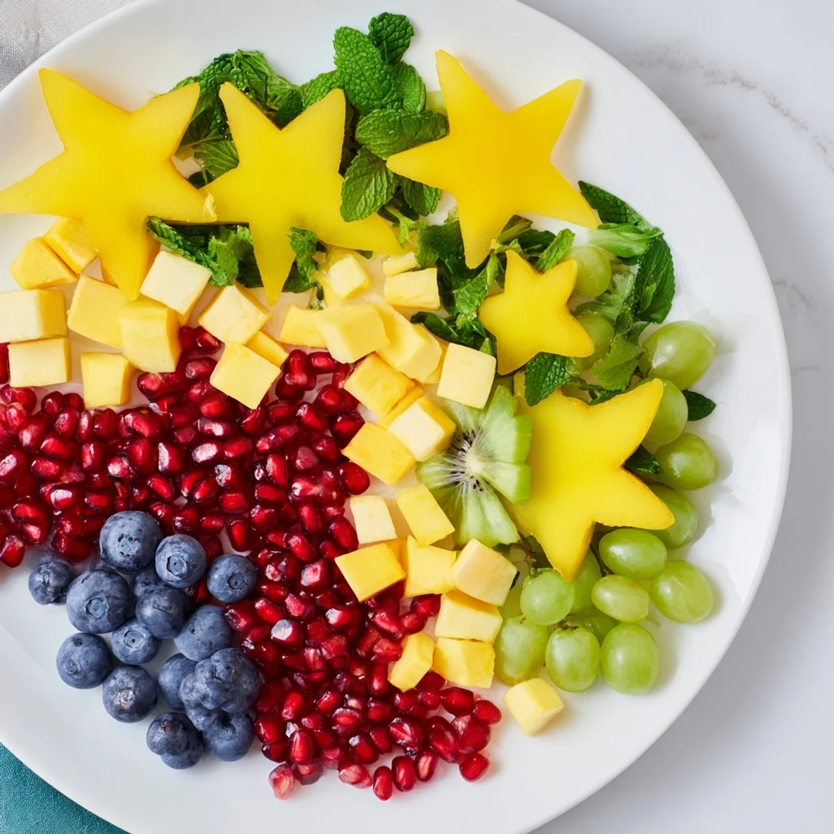 Vibrant pomegranate seeds and mint leaves adorn this Pomegranate and Mint Star Fruit Platter, perfect for sharing and easy assembly.