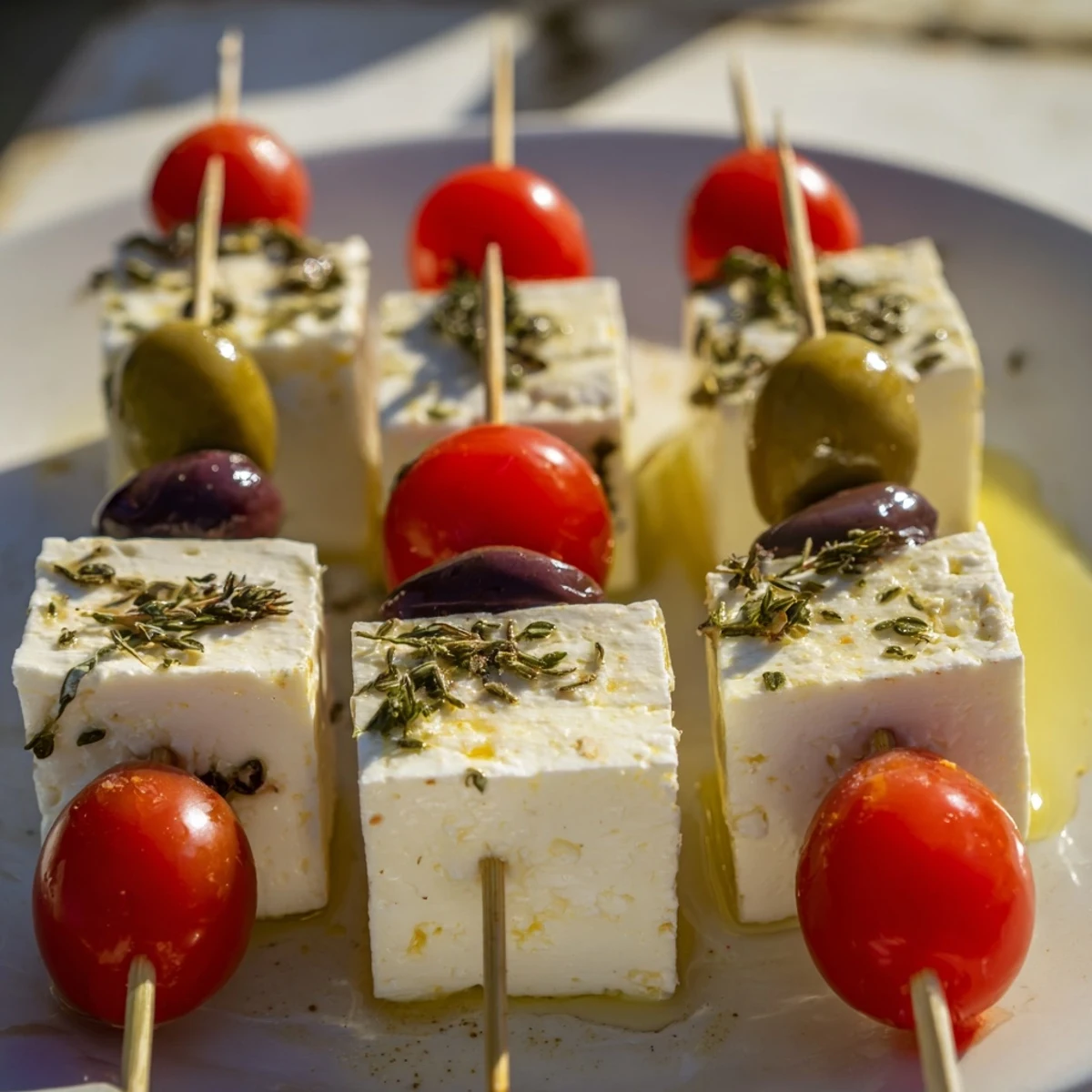 Holiday Cheers Olive and Feta Skewers arranged on a platter, ready for guests with vibrant colors, tastes of Mediterranean flavors.