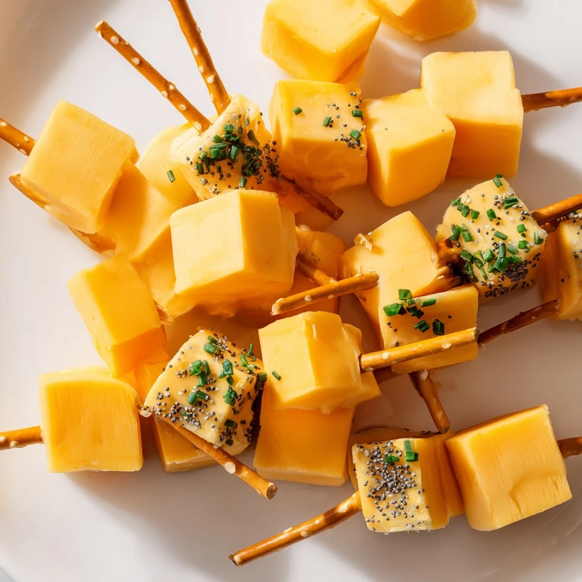 Crispy pretzel sticks hold sharp cheddar cheese cubes, a simple NYE cheese appetizer.