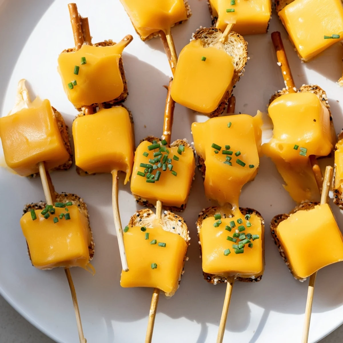 Festive New Year's Eve snack: cheddar cubes sparkle on pretzel sticks, ready to enjoy.