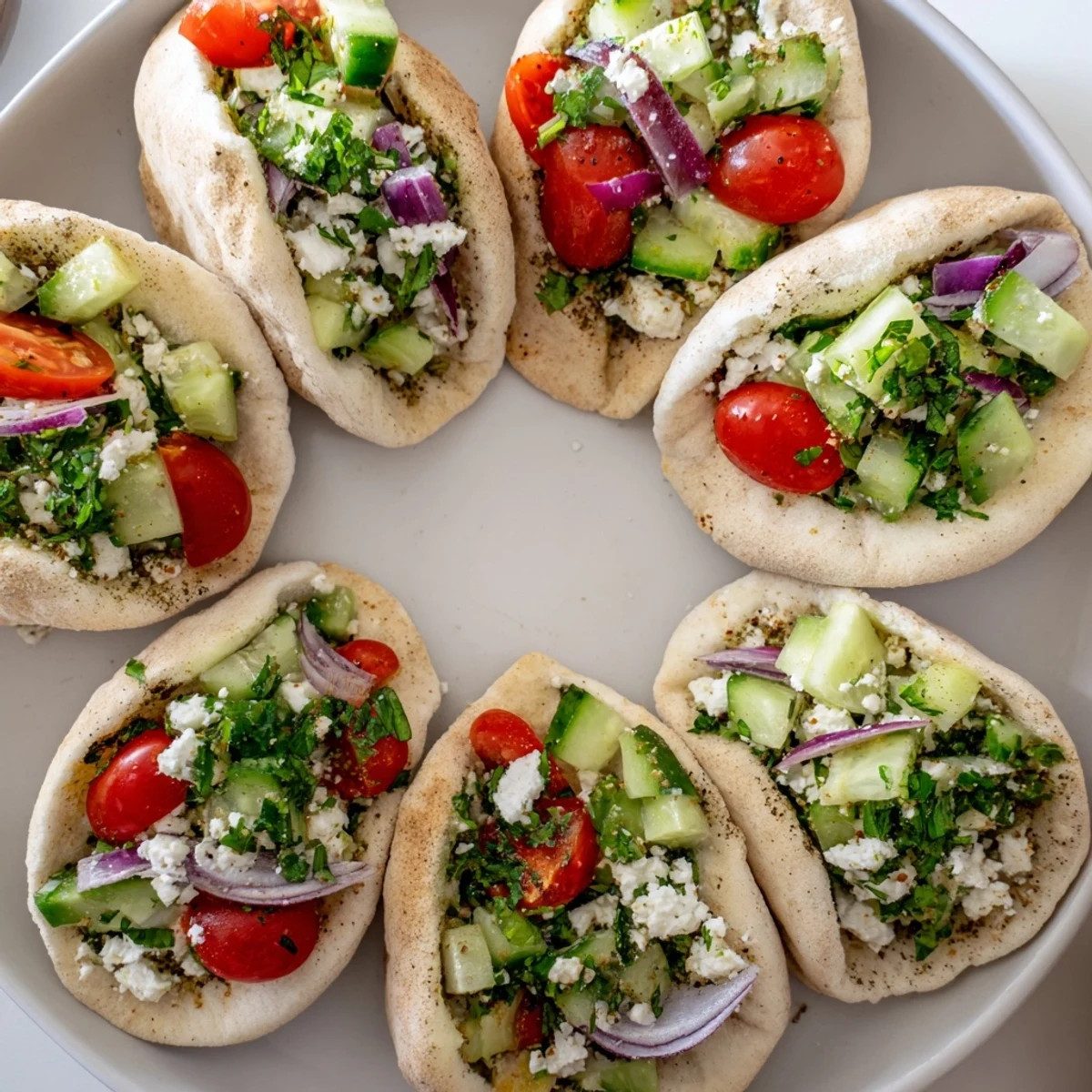 Fresh vegetables overflowing from mini pita pockets alongside beautiful hummus bowls in this Savory Board.