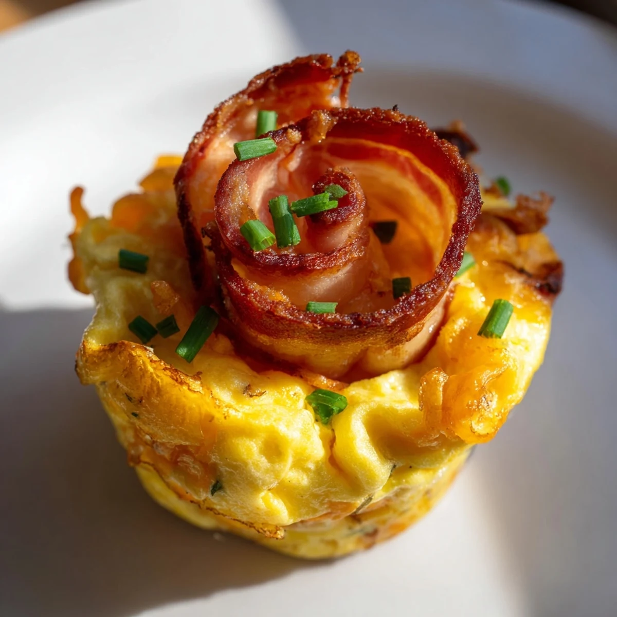 Golden-brown Scrambled Egg Cups with crispy bacon spirals, imagine the savory brunch aromas.