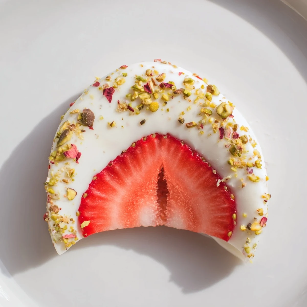 Yogurt-dipped strawberry half-circles, glistening and chilled, offer a refreshing, healthy dessert bite.
