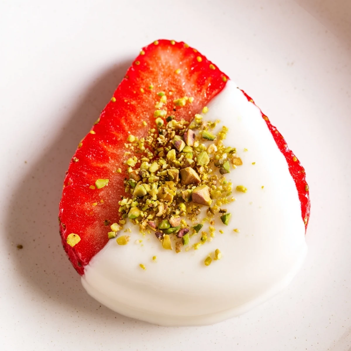 Fresh strawberry half-circles dipped in sweet yogurt, garnished with nuts, ready for a delightful dessert.