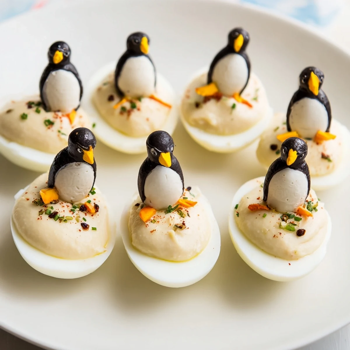 A vibrant photo showcasing the delicious Winter Dip, with charming olive penguin decorations.
