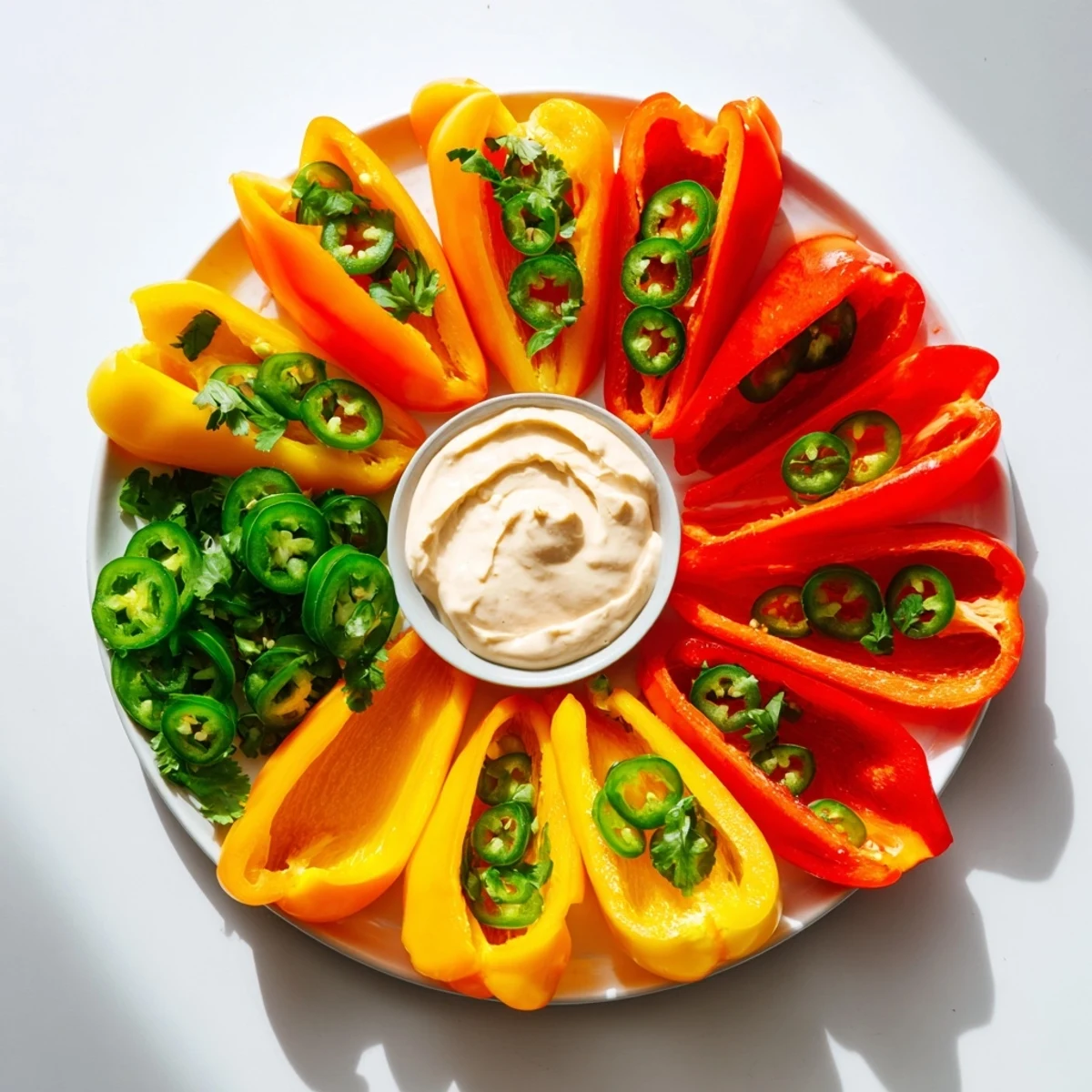A colorful platter of Spicy Chili Pepper Fiesta with fresh peppers and various dips, perfect for parties.
