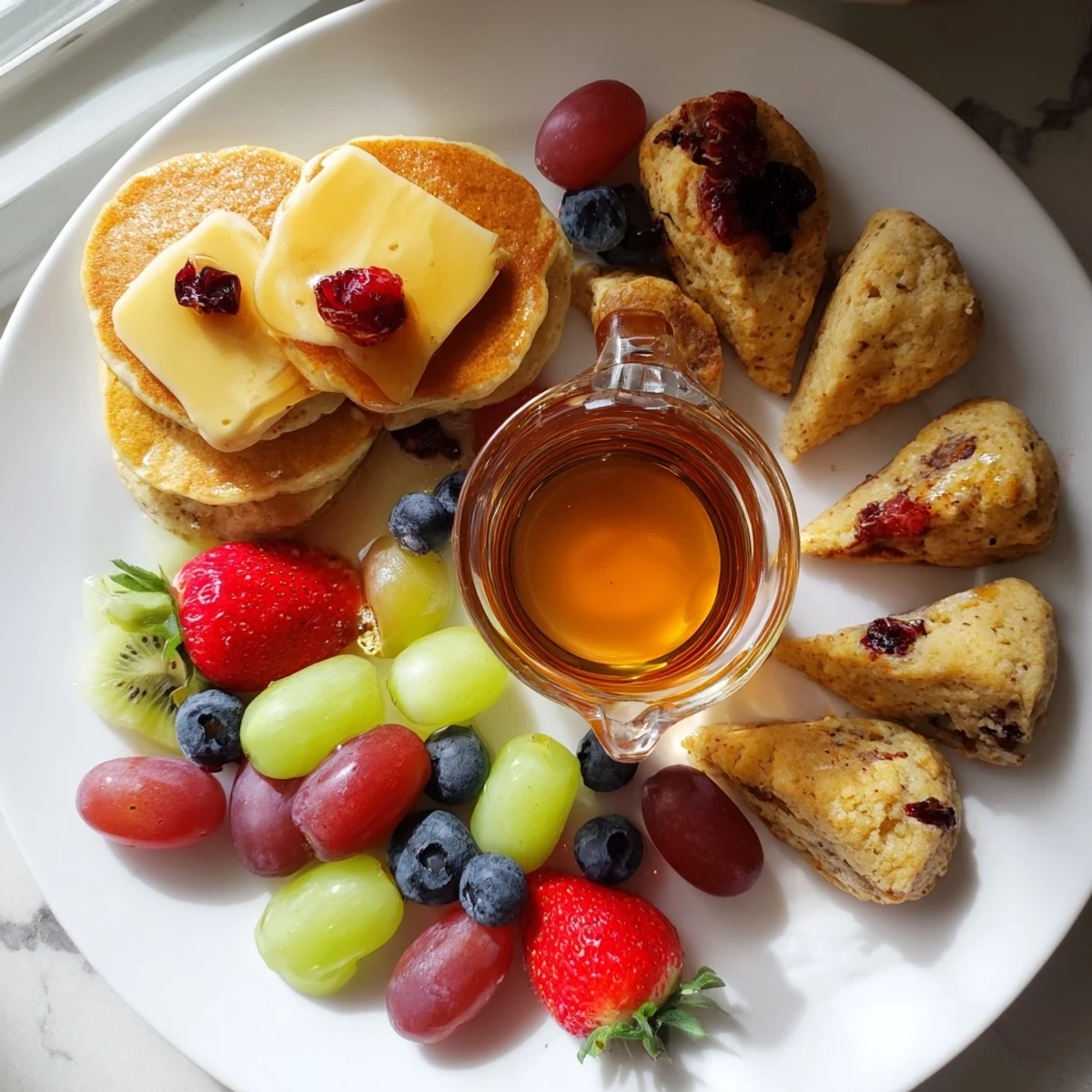 Breakfast Brunch Board Bliss with miniature pancakes, scones and fresh fruit, ready to enjoy at breakfast.