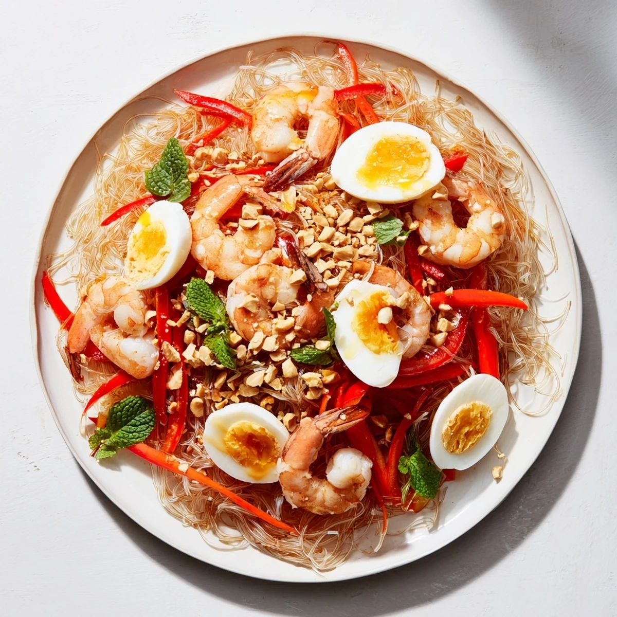 A colorful Asian Fusion Noodle Bowl Board: picture-perfect noodles with chicken, shrimp, and fresh garnishes for sharing.