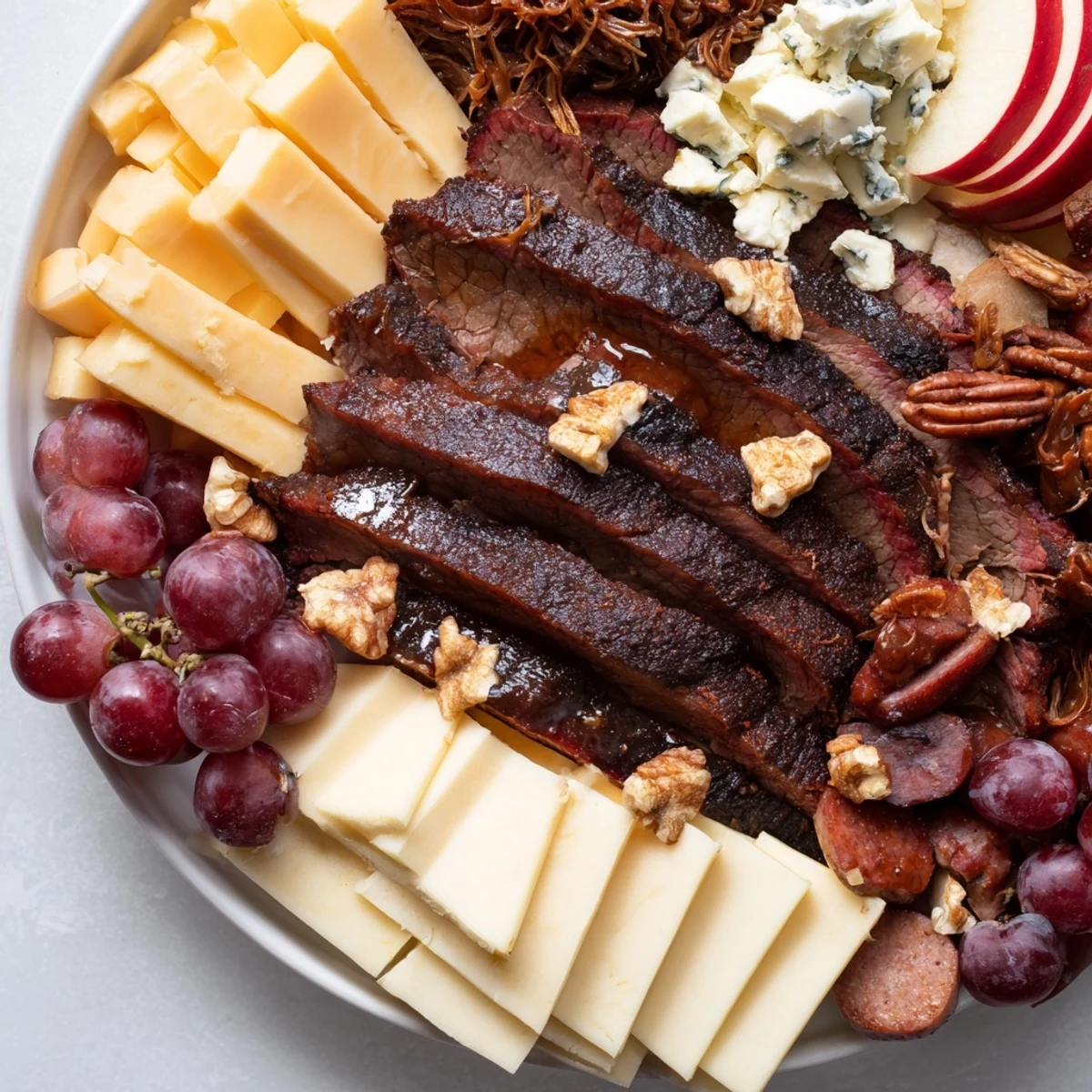Close-up of the Smoky BBQ & Bourbon Companion charcuterie board, with meats, cheeses, and candied pecans.