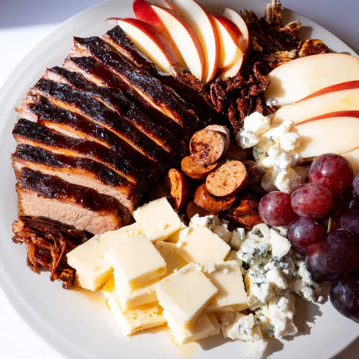 A delightful assortment: smoky meats, creamy cheeses, and dark chocolate in the Smoky BBQ & Bourbon Companion recipe.