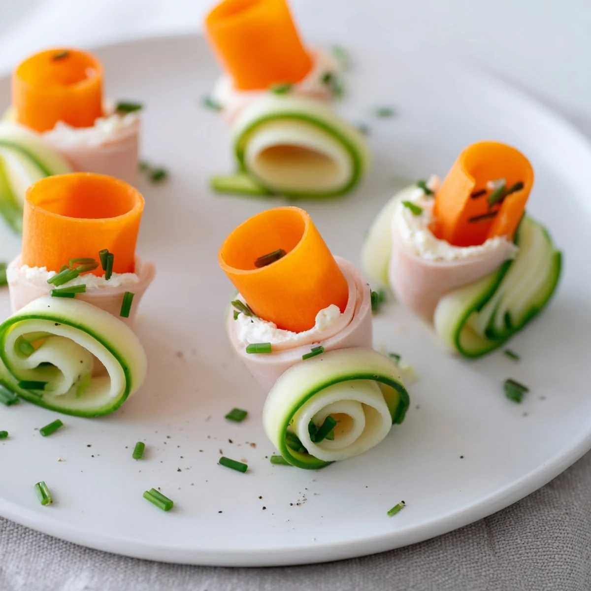 The colorful Ribbon Dancer appetizer features spiraled carrot and cucumber around tasty turkey rolls.