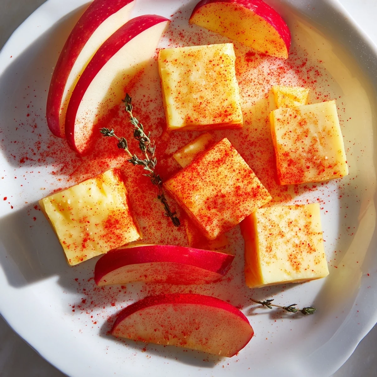 Artfully arranged The Autumn Ember appetizer: smoky paprika cheeses and vibrant apple wedges for fall.