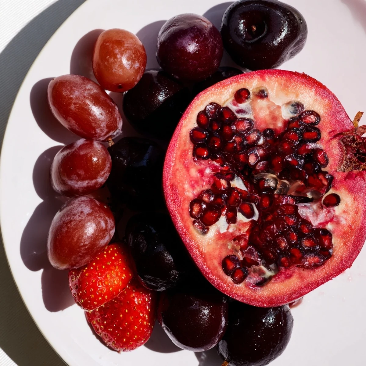 Vibrant Pomegranate Pivot fruit platter boasts juicy red and pink fruits beautifully arranged for an appetizer.