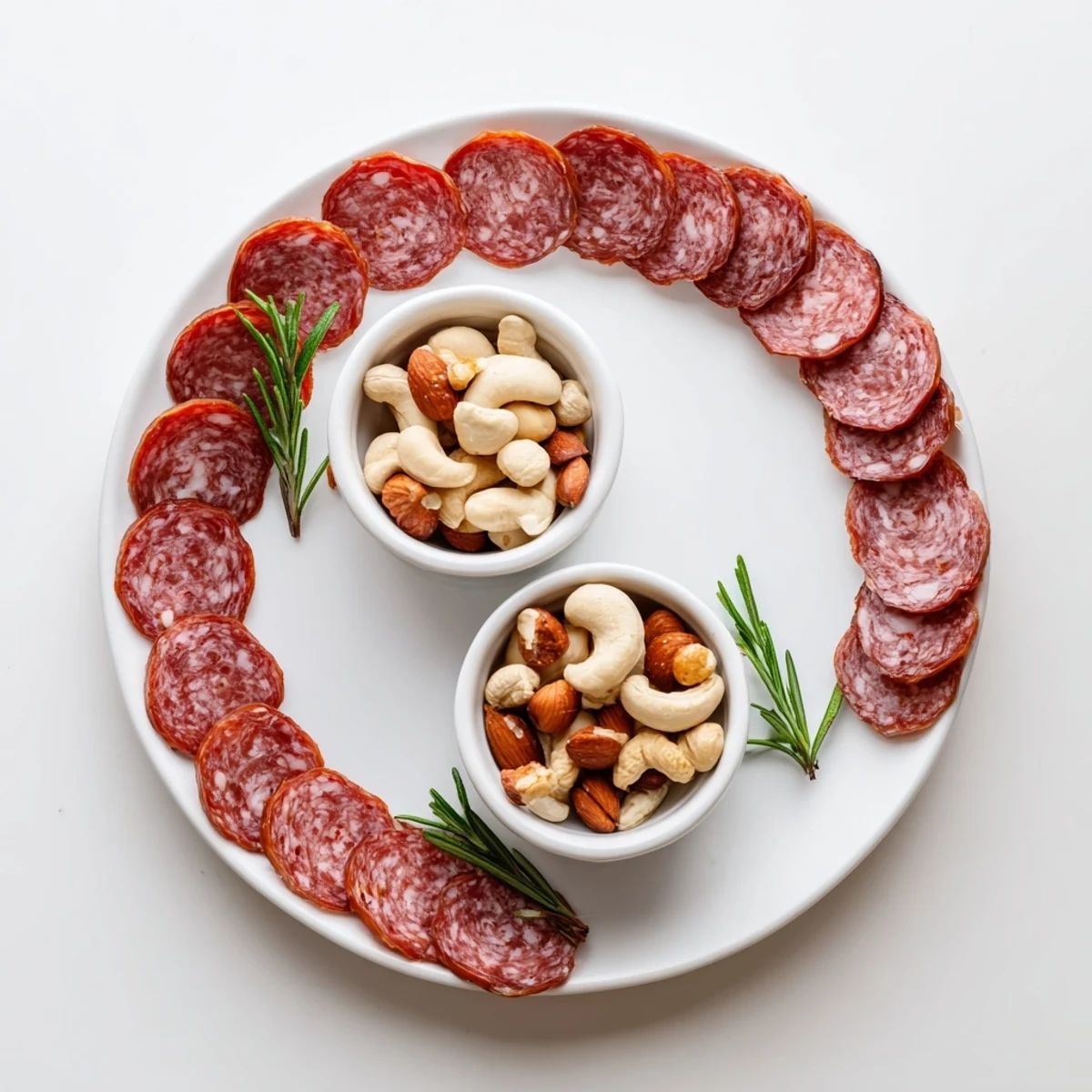 A close-up view of the delicious The Infinity Loop, showcasing salami's endless weave with nuts and herbs.