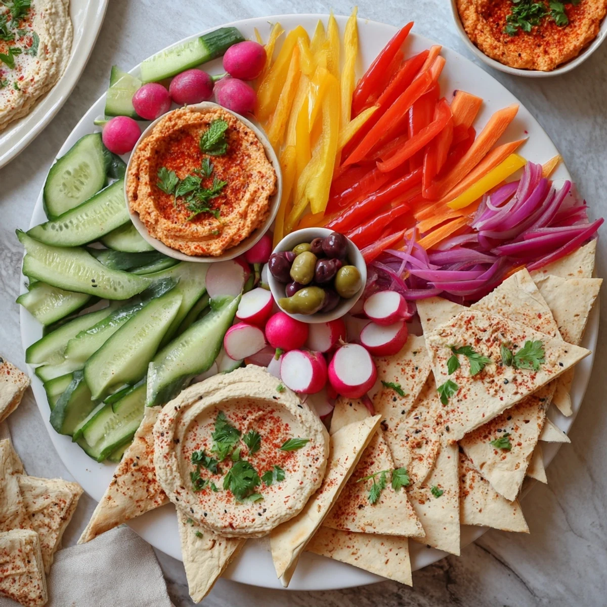Vibrant Moroccan Tent appetizer: a colorful arrangement of fresh veggies, dips, and warm flatbread.