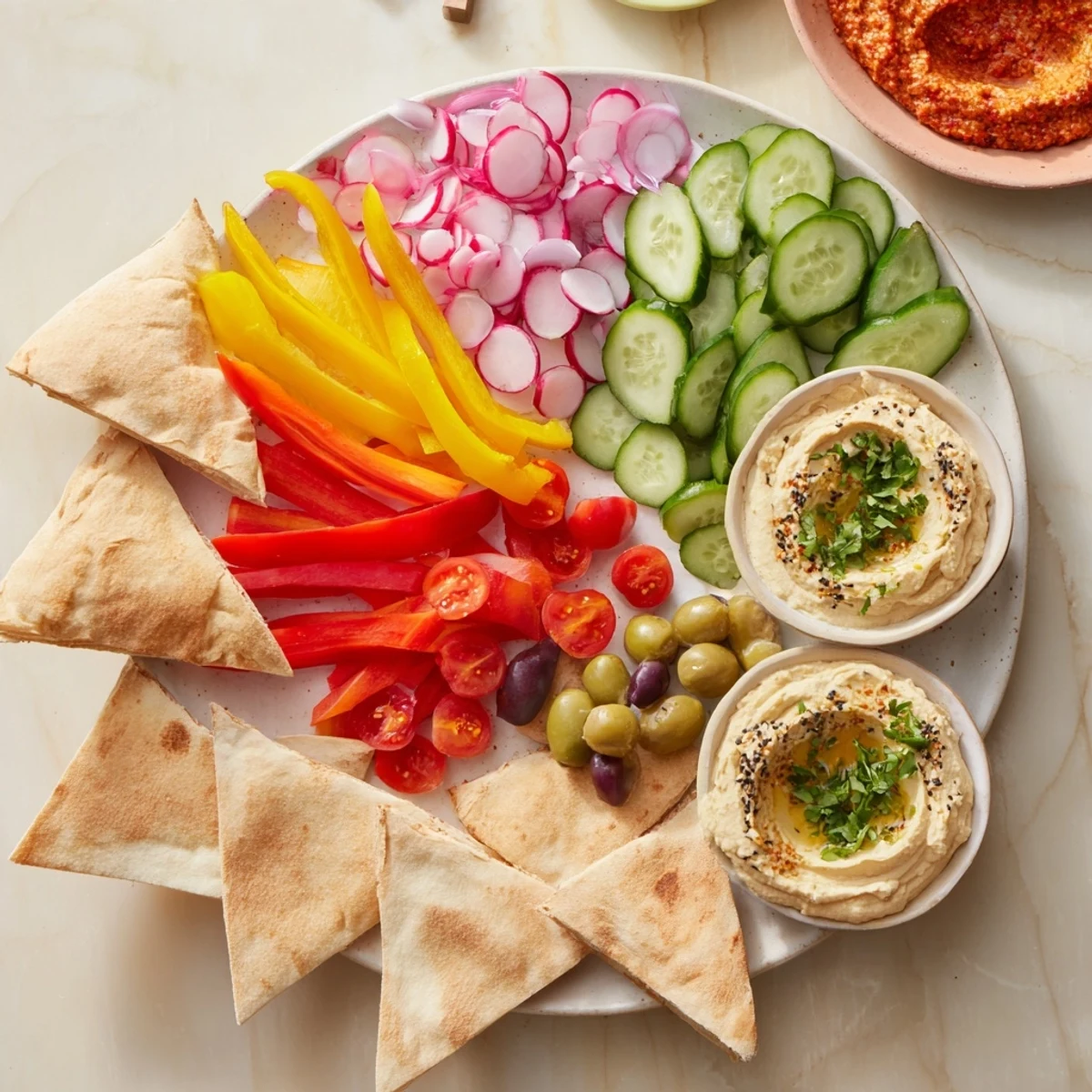 Eye-catching The Moroccan Tent featuring a tent shaped platter of dips, vegetables, and pita bread.