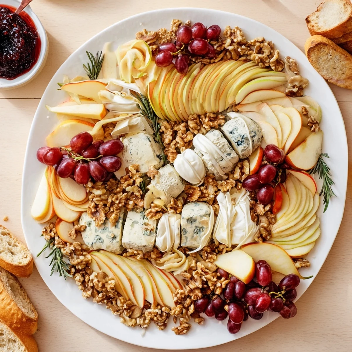 Rugby ball cheese board overflowing with cheeses, fruits, and charcuterie, ready for your party.