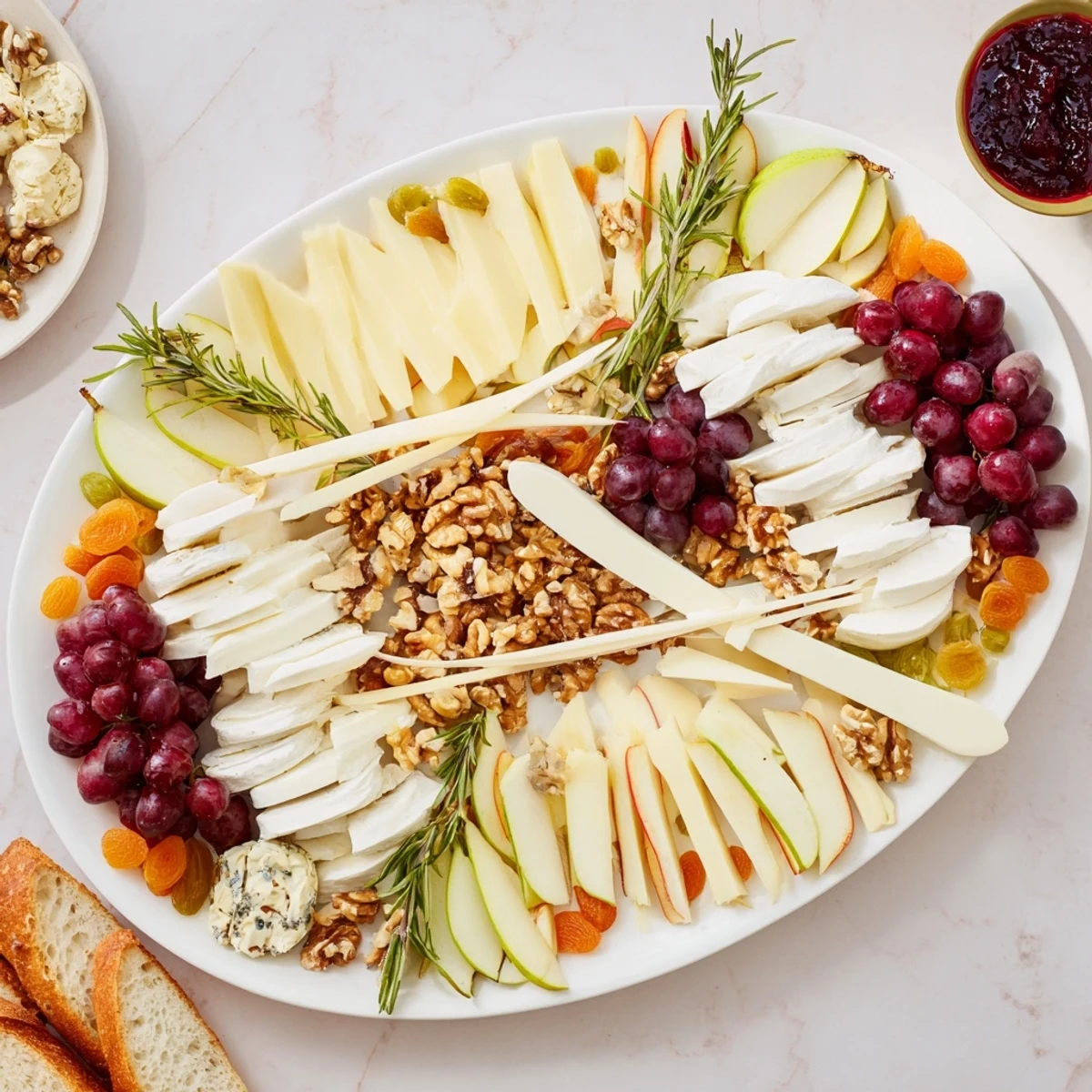Elegant rugby ball cheese board creation: French cheeses, grapes, and nuts beautifully arranged and inviting.