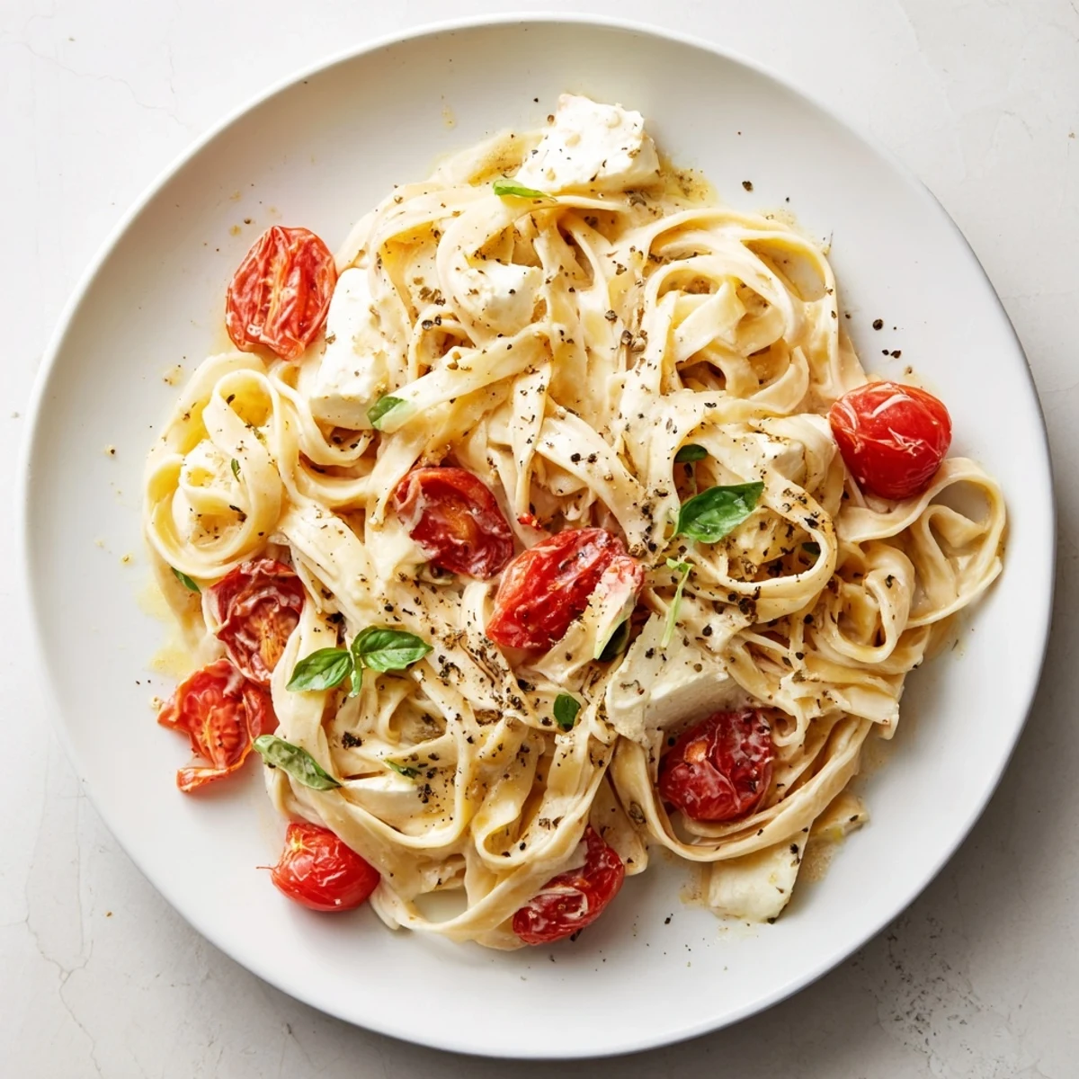 Silky fettuccine coated in a warm Baked Brie Pasta Sauce, garnished with fresh basil.