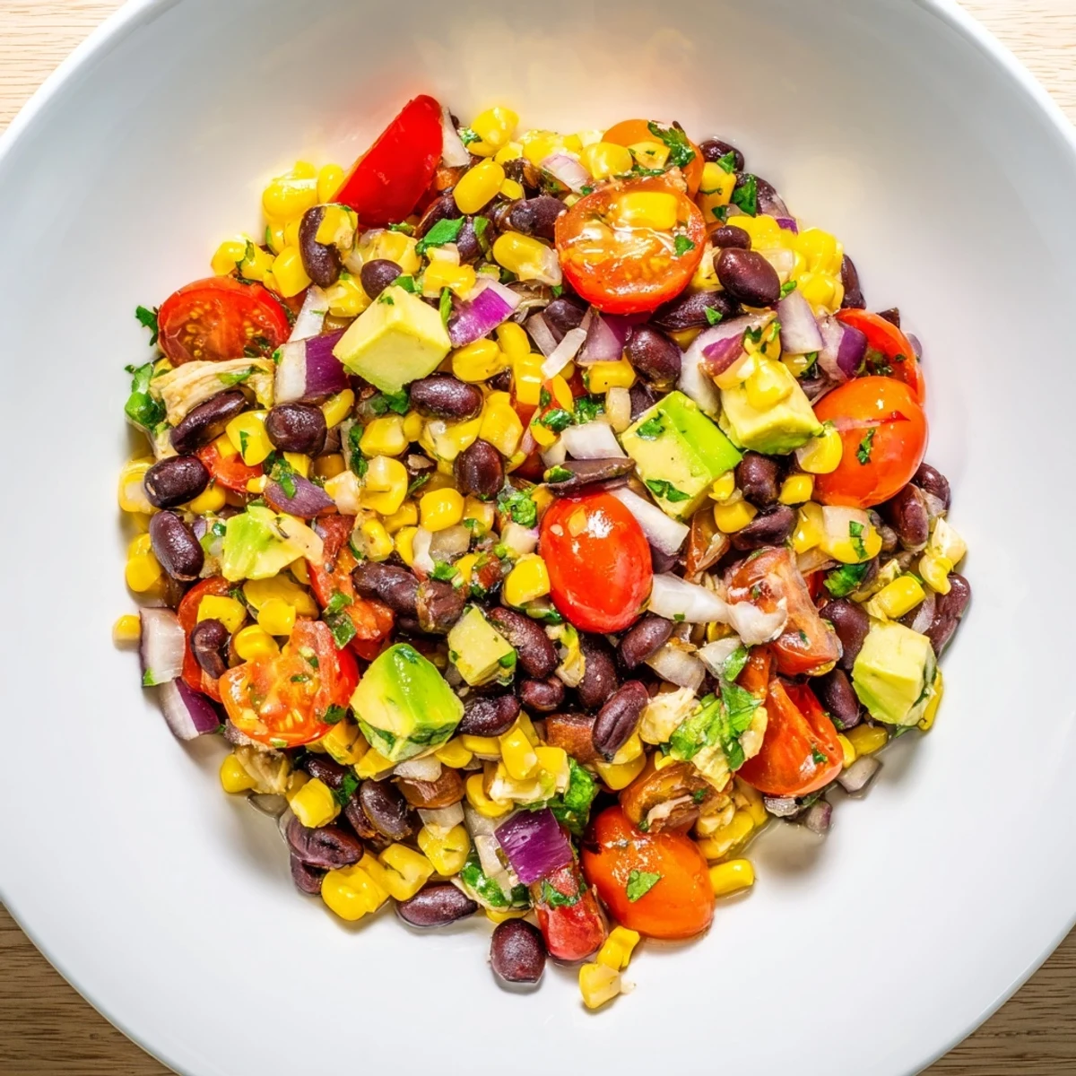 Bowl overflowing with a delicious Dense Southwestern Bean Salad, ideal for a party appetizer or side dish.