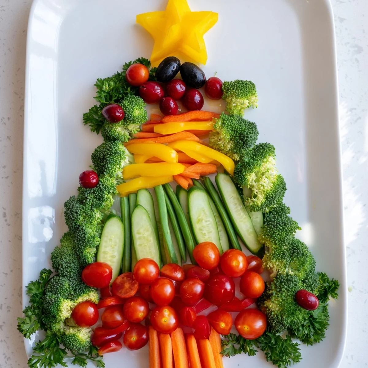 A healthy Christmas veggie platter tree, overflowing with colorful fresh vegetables perfect for holiday snacking.