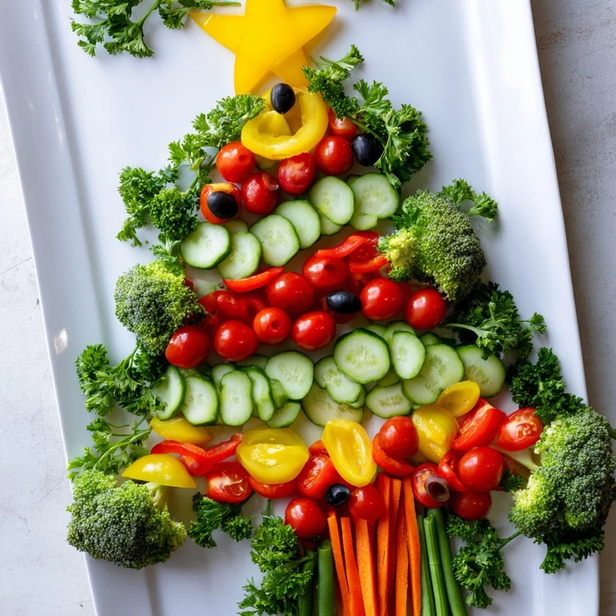 Festive Christmas veggie platter tree showcasing cucumbers, cherry tomatoes, and bell peppers, a delicious holiday appetizer.