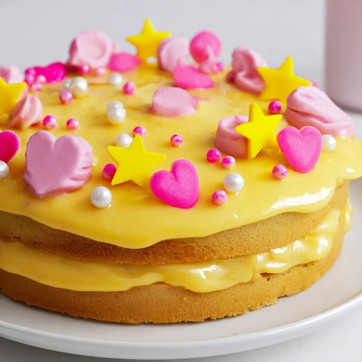 Layers of fluffy cake are frosted with buttercream in this enchanting Château de Princesse Cœurs et Étoiles.