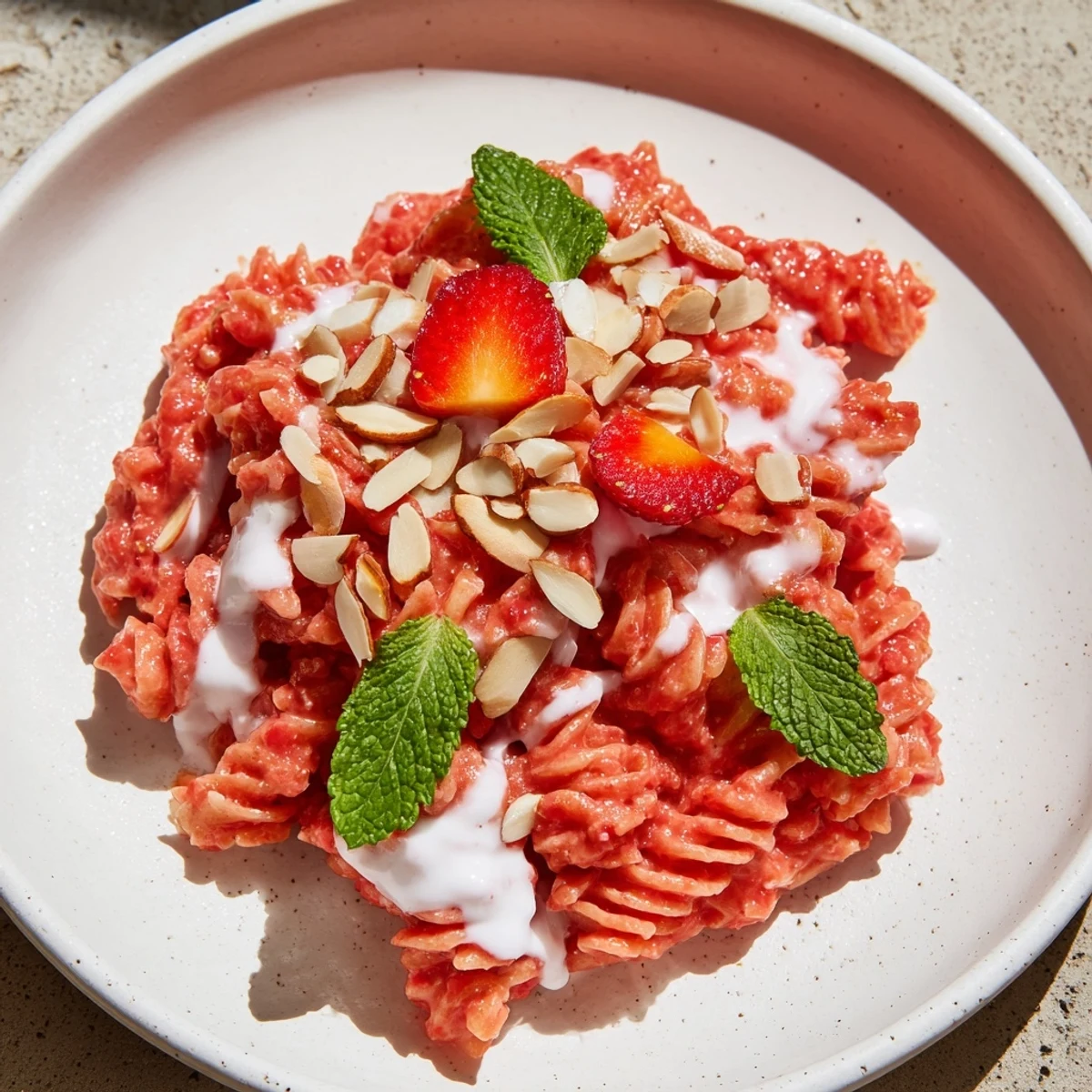 Sweet Strawberry Yogurt Pasta, with vibrant red strawberries and creamy yogurt sauce, ready to serve.
