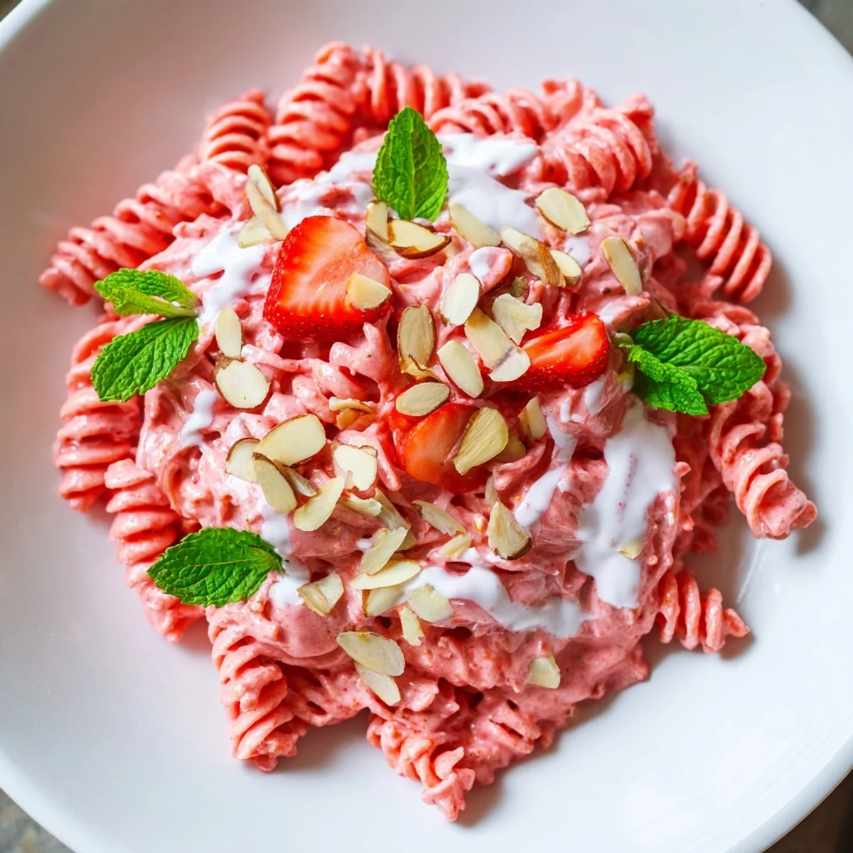 Delicious Sweet Strawberry Yogurt Pasta, a refreshing summer dish drizzled with yogurt and fresh berries.