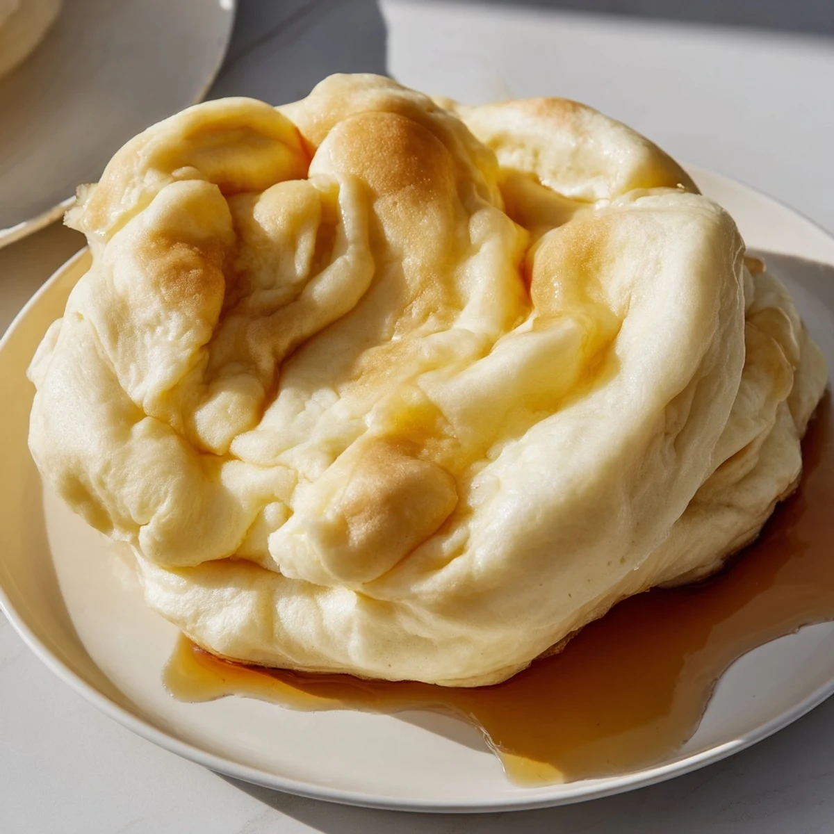 A close-up of fluffy scrambled pancakes, golden and slightly browned with blueberries mixed in.