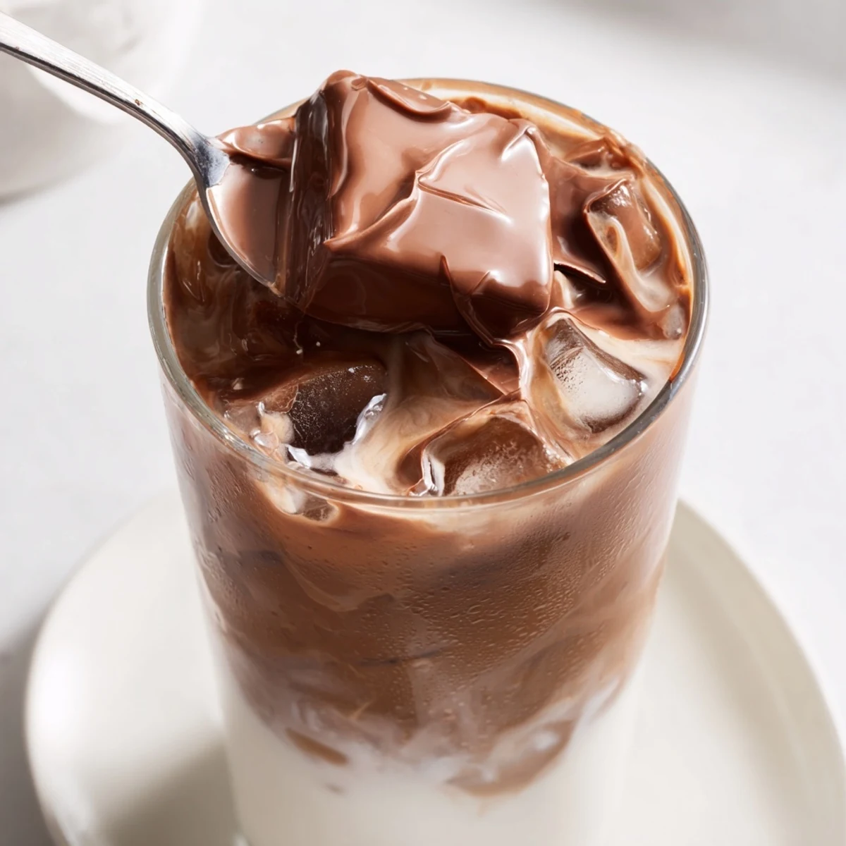 Delicious Chocolate Cracking Iced Latte, featuring a crisp chocolate shell on creamy iced coffee.