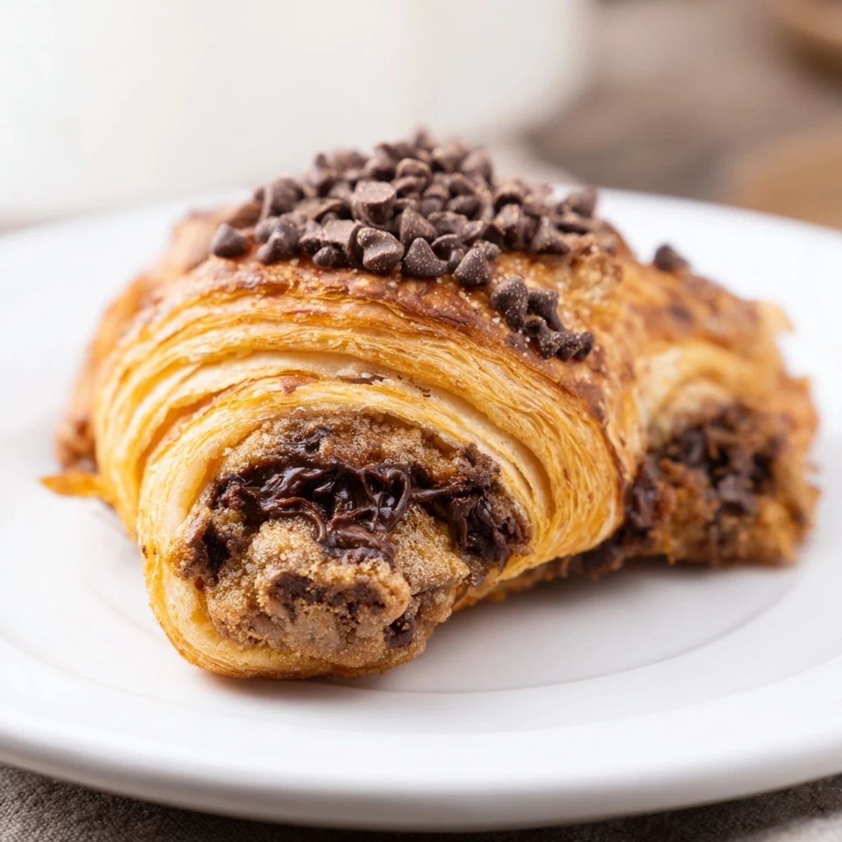 Warm, golden Chocolate Cookie Croissants with a gooey, chocolate chip filled center, delicious!