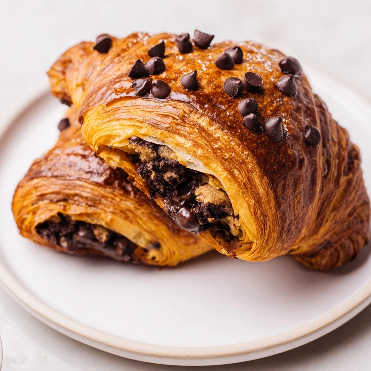Indulgent Chocolate Cookie Croissants, a fusion treat of flaky croissant and warm, chocolate chip cookie dough.