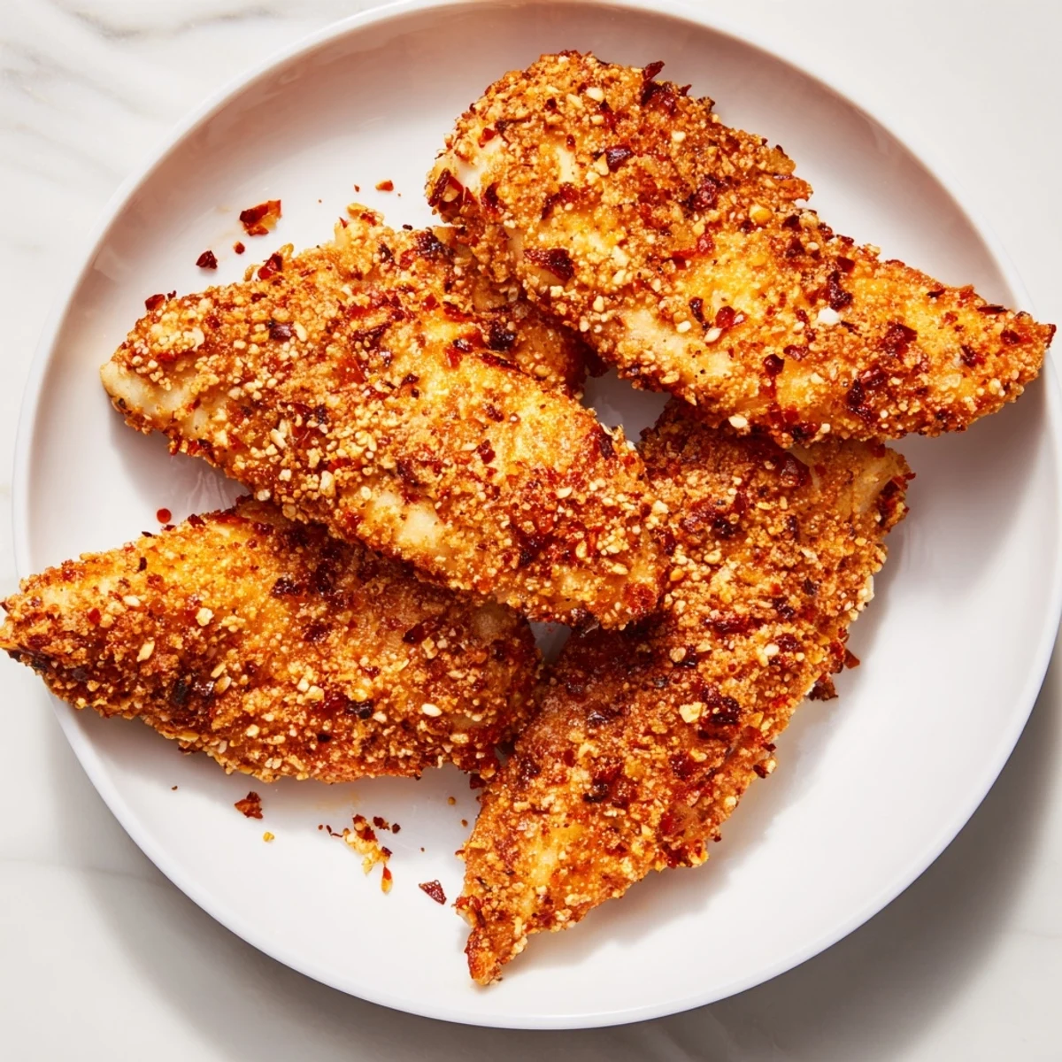 Golden-brown, crispy air-fried chicken tenders, ready to be dipped and enjoyed with family.