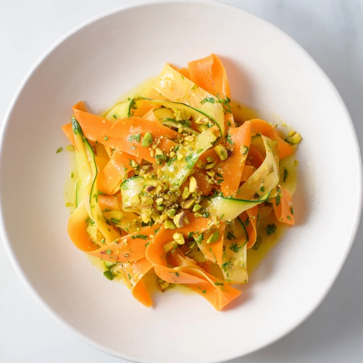 Fresh, colorful Citrus Carrot Ribbon Salad, with vibrant carrot ribbons and a bright citrus dressing.