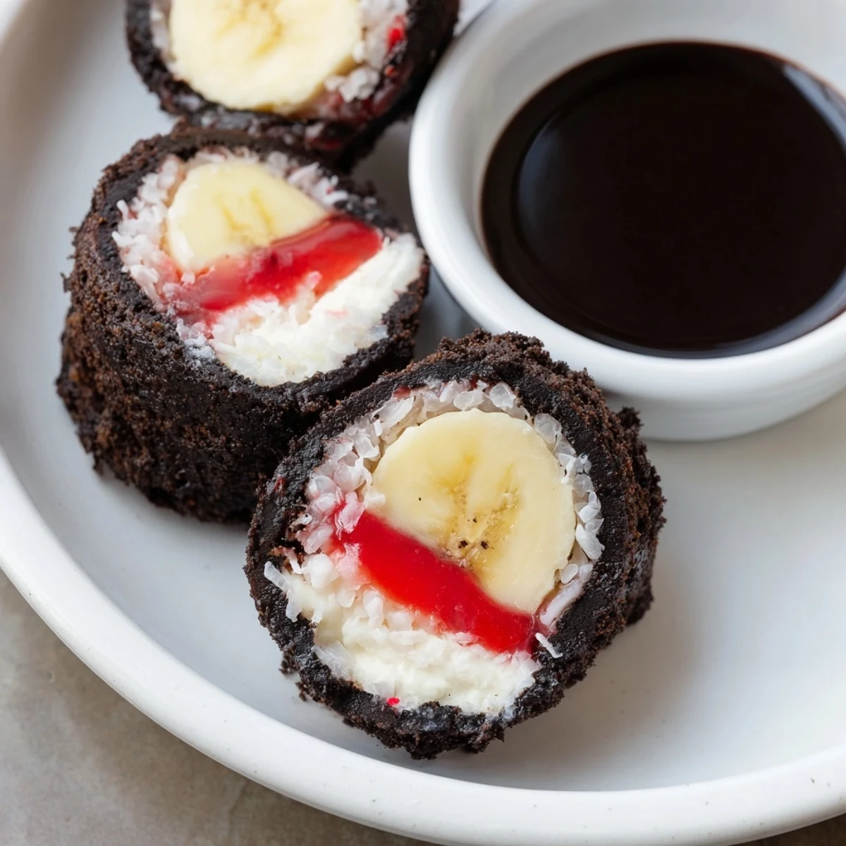 Plated Oreo Cookie Sushi Rolls, ready to enjoy with a rich chocolate soy sauce dip.