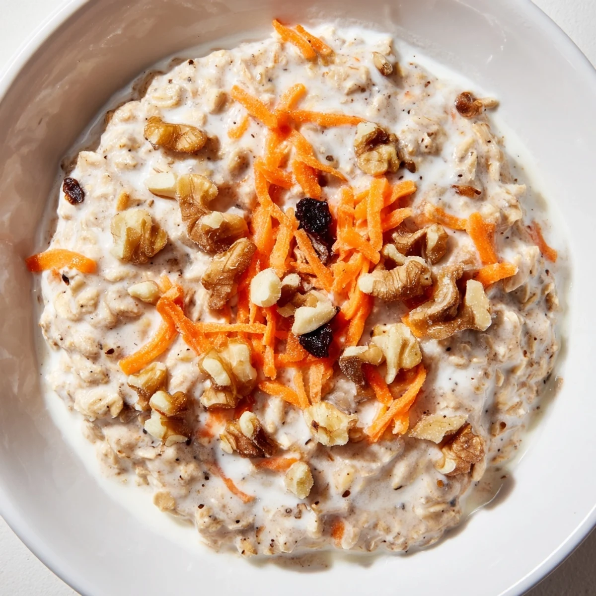 Vibrant photo of Carrot Cake Overnight Oats with walnuts, ready to be enjoyed as a dessert.