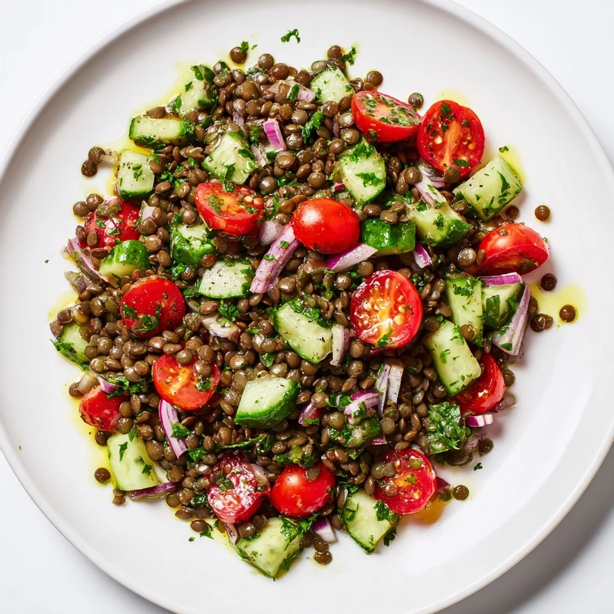 A refreshing lentil salad boasts tender lentils, bright tomatoes, and a zesty vinaigrette, ready to serve.