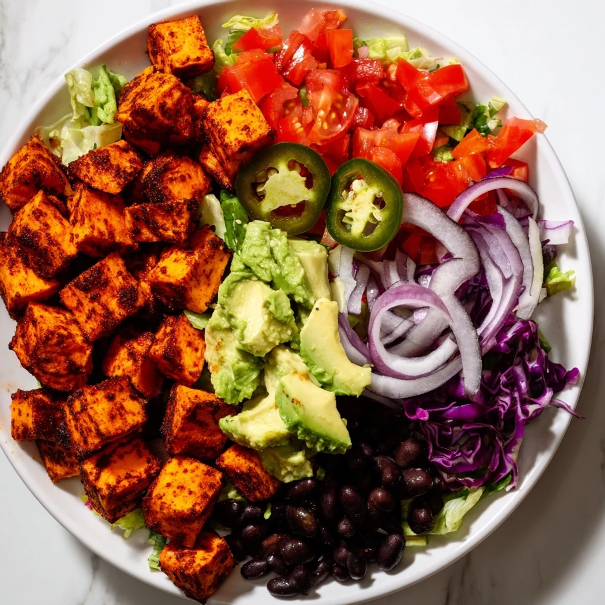 Roasted sweet potato taco bowls, a colorful vegan meal, topped with fresh cilantro.