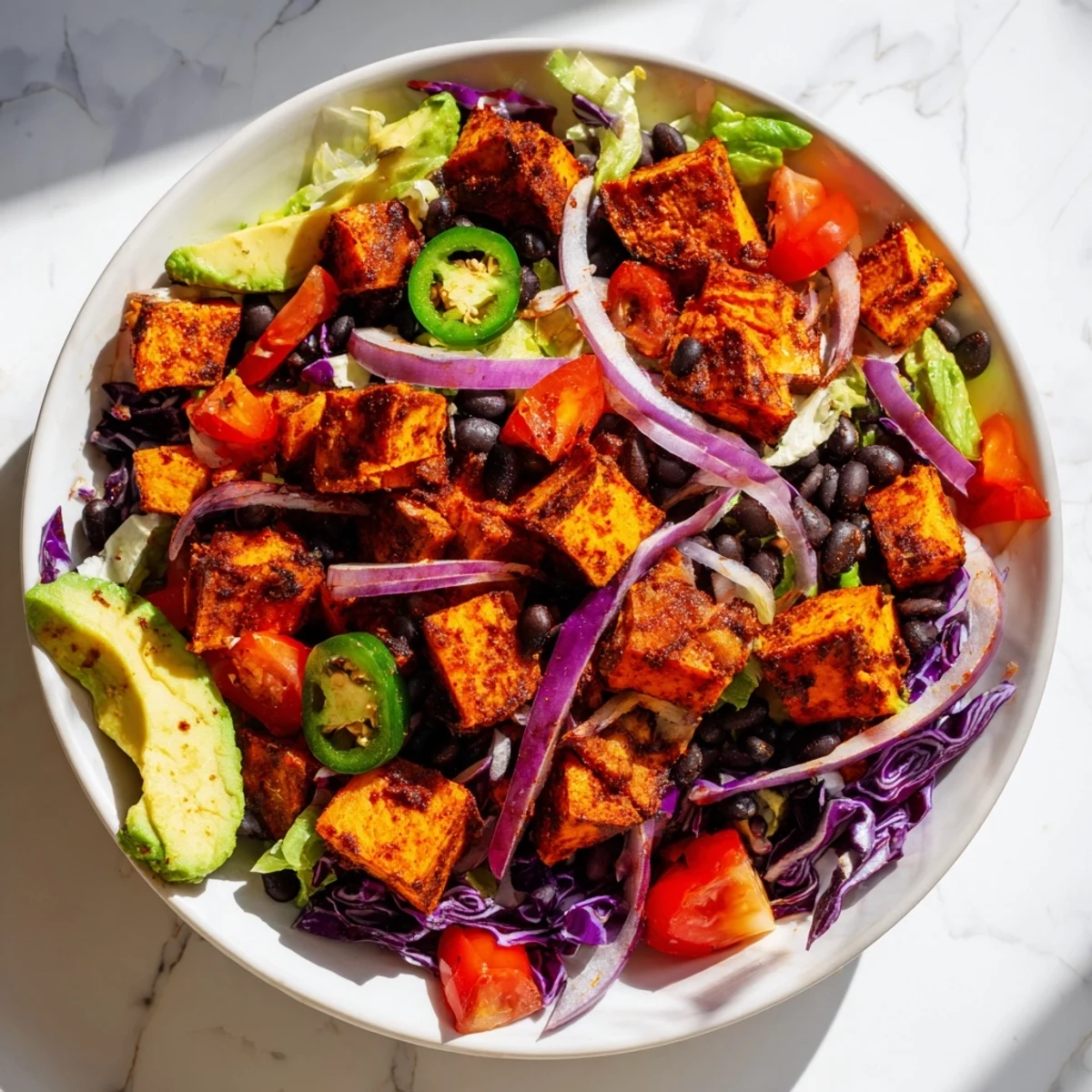 Delicious and colorful sweet potato taco bowls, perfect plant-based meal, ready to enjoy.