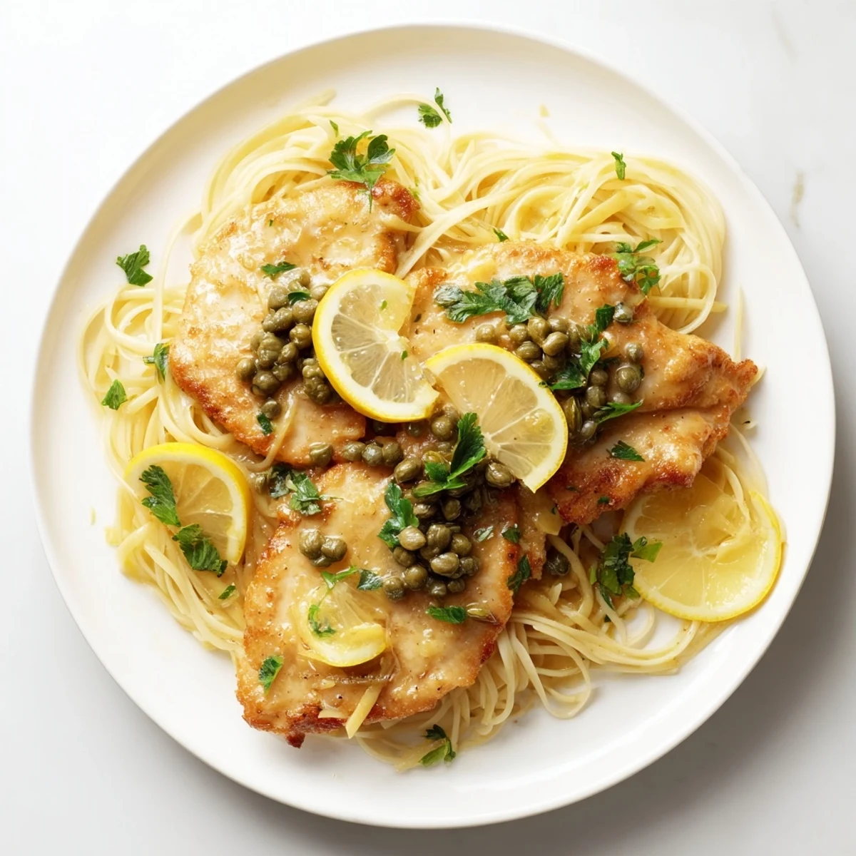 Aromatic chicken piccata pasta dish with zesty lemon sauce, capers, and perfectly cooked pasta for dinner.